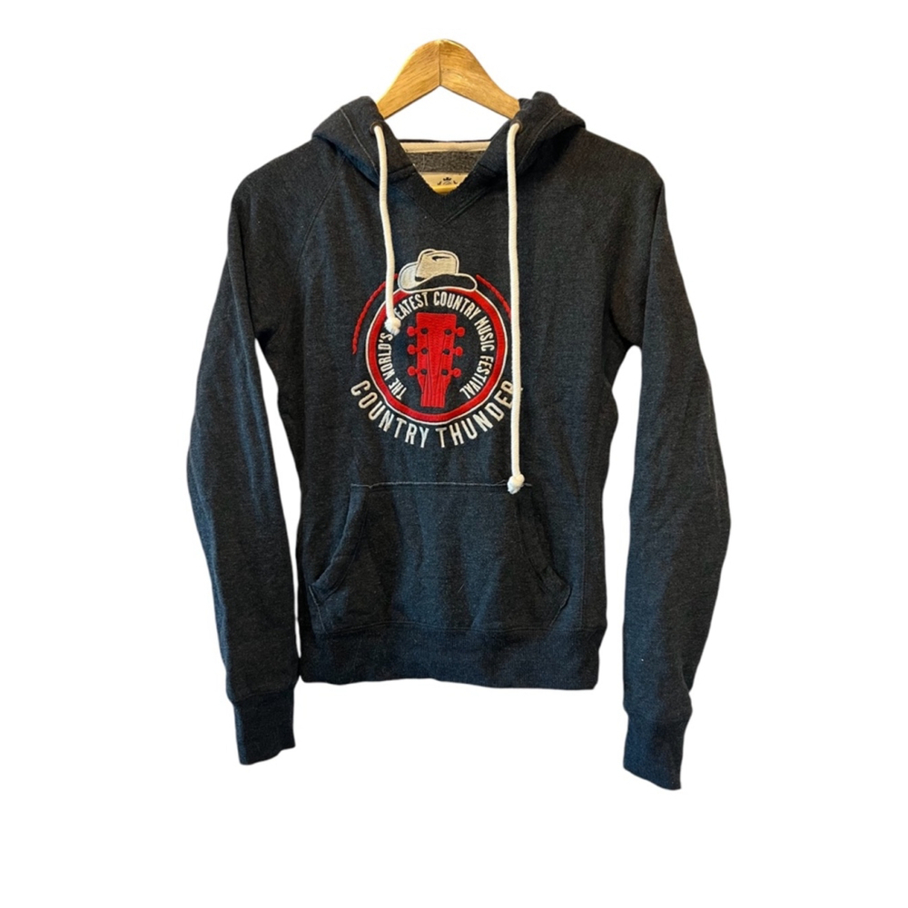 Country Thunder Graphic Print Grey Casual Pullover Hooded Sweatshirt Hoodie XS